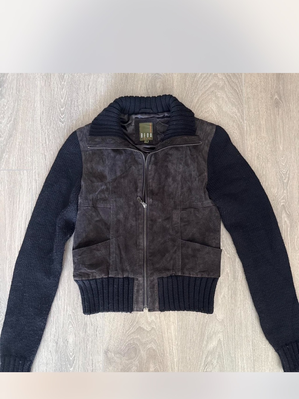 BEDO Suede & Knit Zip Front Jacket - Black / Brown Dark Charcoal